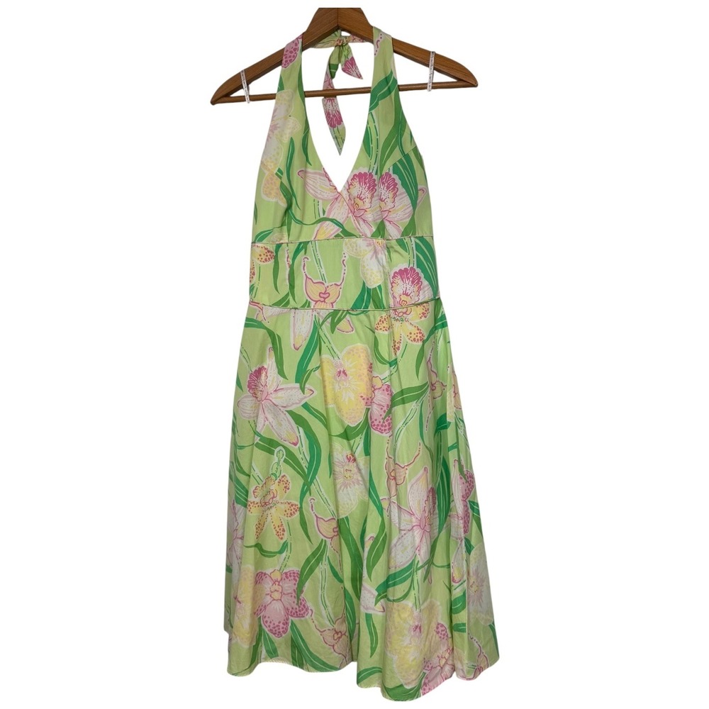 Lilly Pulitzer Size 4 Halter Midi Dress Green Pink Floral Tropical Orchid